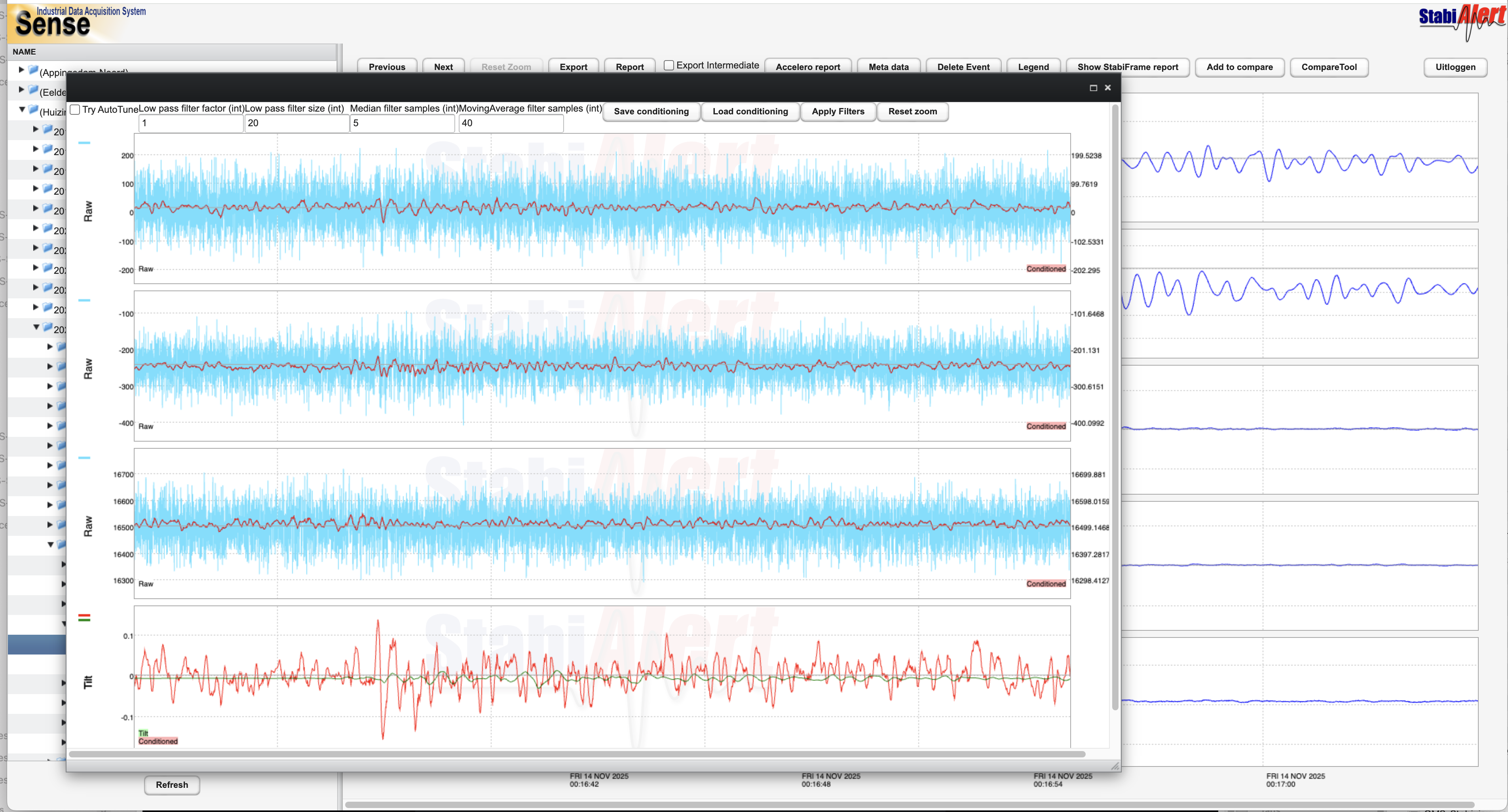 OnlineQMS report containing raw and conditioned accelerometer data